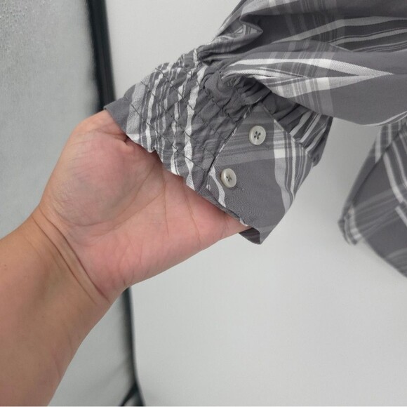 Chicos Plaid Poplin Button Down Top Womens 12 Billow Sleeves Gray Career Office - Picture 6 of 13